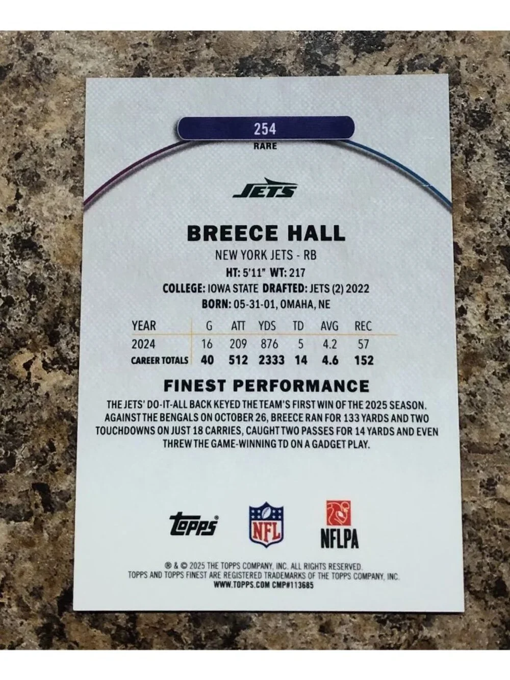2025 Topps Finest Breece Hall #254 True Orange Refractor SSP 2/15